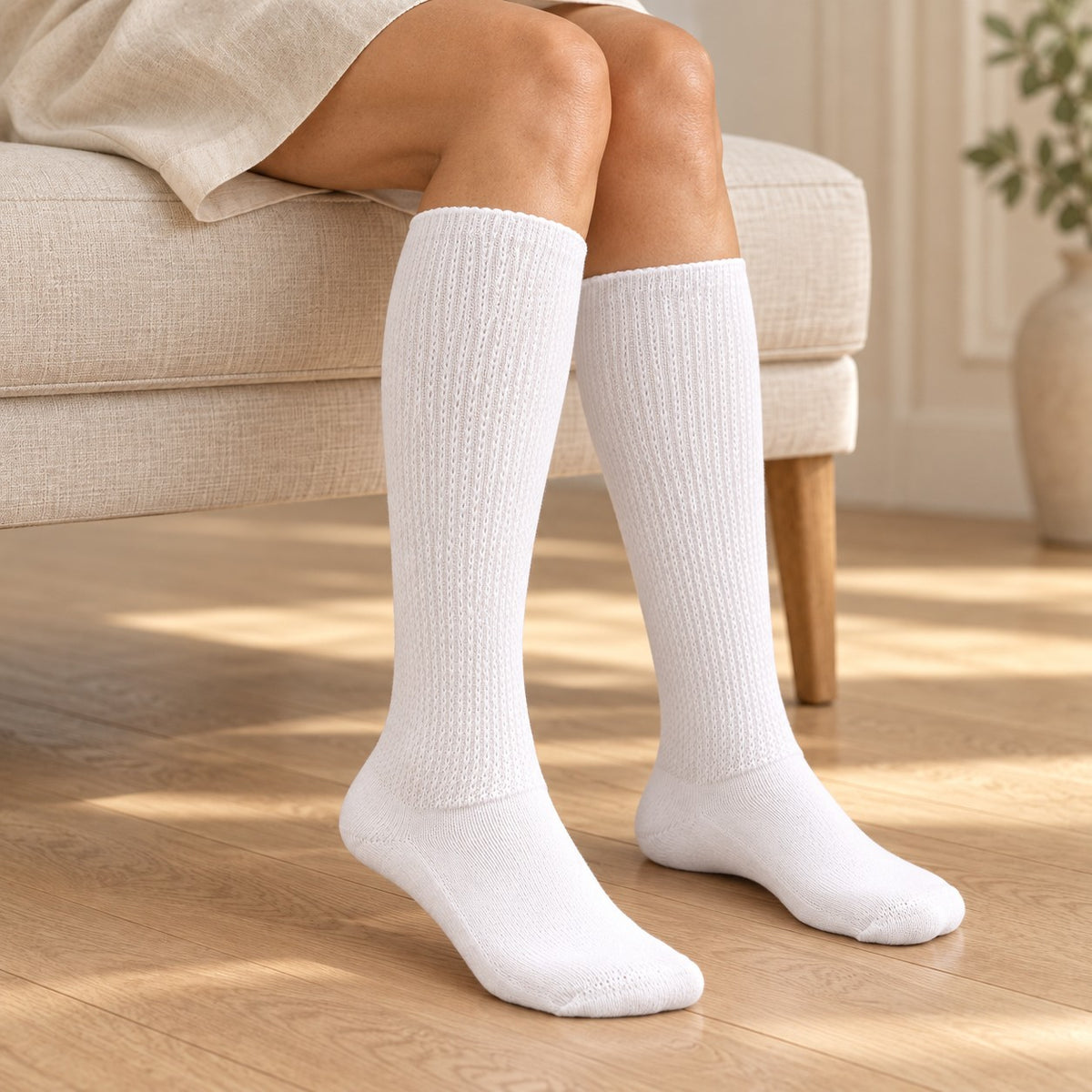 White Mi Socks knee high socks, lifestyle view