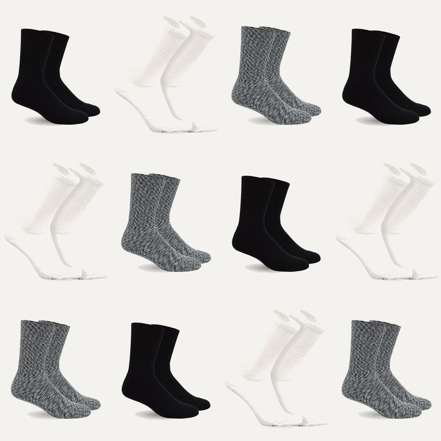 Mi Socks non-binding diabetic socks, 12-pack Classic Mix: 4 black, 4 white, 4 marble grey