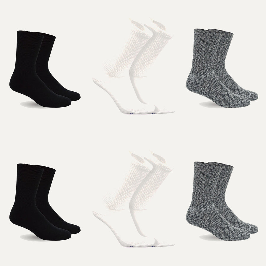 Mi Socks non-binding diabetic socks, 6-pack Classic Mix: 2 black, 2 white, 2 marble grey