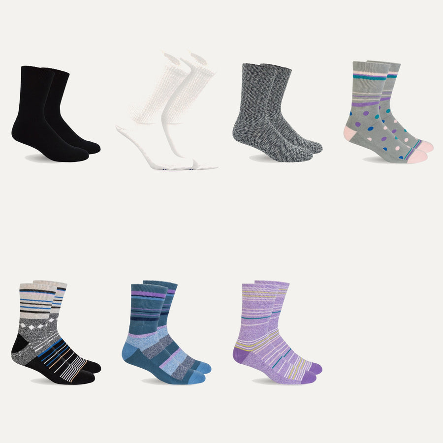 Mi Socks non-binding diabetic socks, 1 pair, in 7 colors: black, white, marble grey, grey polka dot, black stars, dusk blue stripes and purple stripes