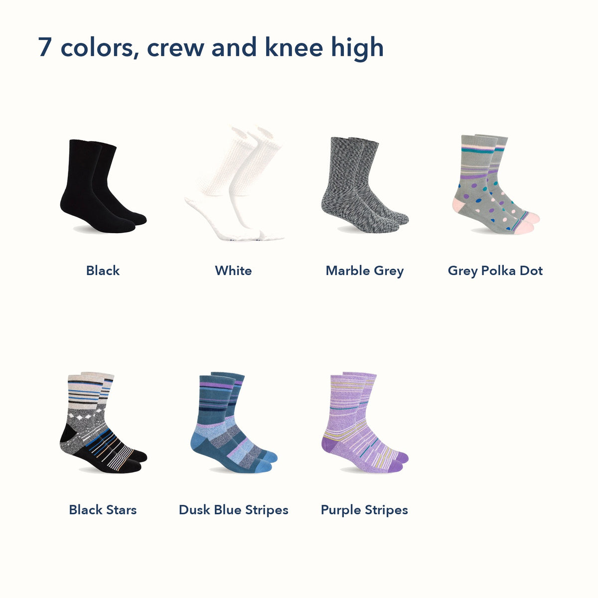 Mi Socks in 7 colors: Black, White, Marble Grey, Grey Polka Dot, Black Stars, Dusk Blue Stripes and Purple Stripes