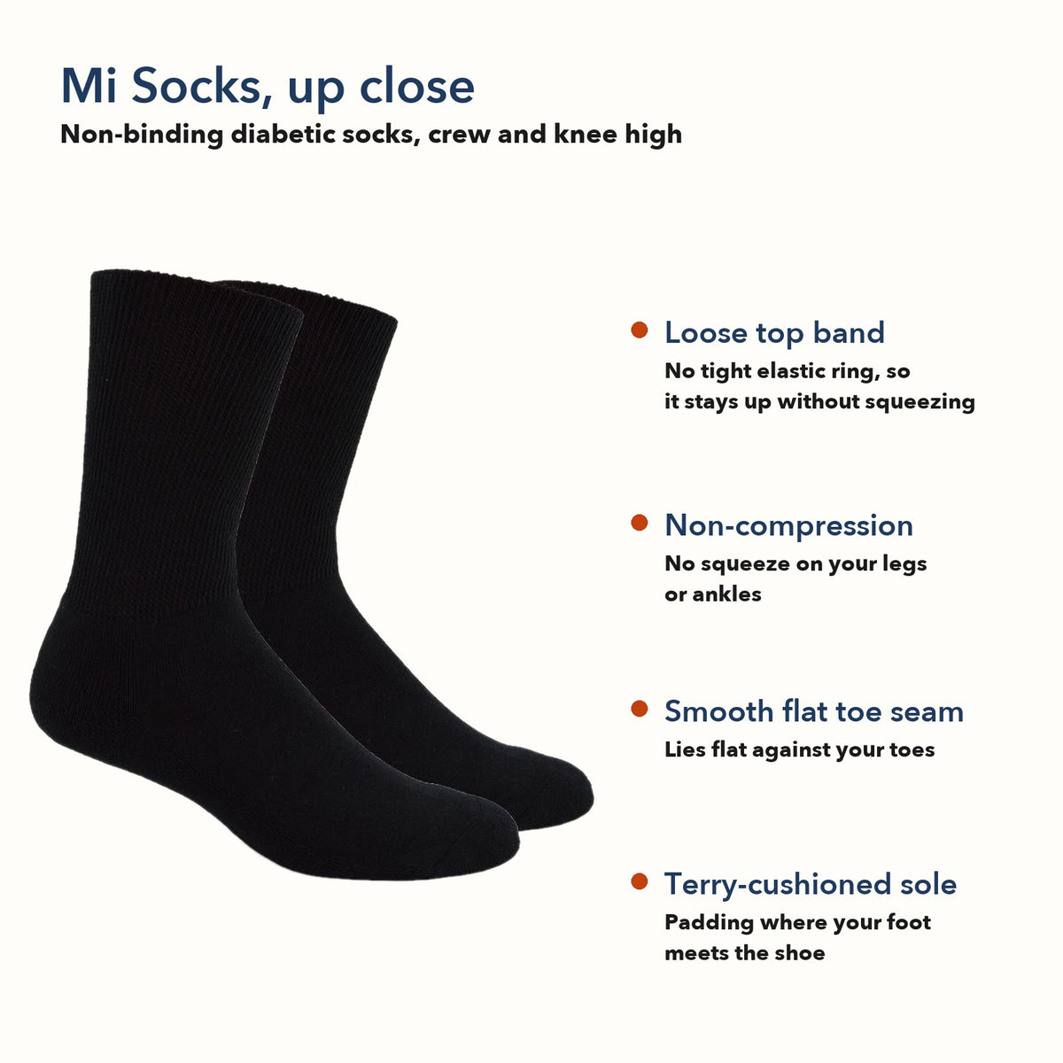 Mi Socks features: loose top band, non-compression, smooth flat toe seam and terry-cushioned sole