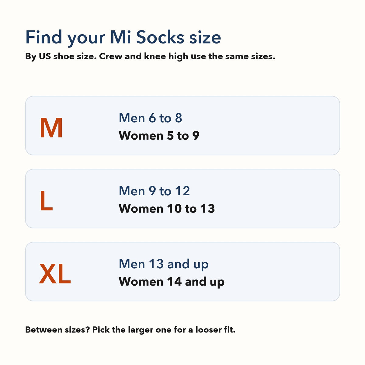 Mi Socks size chart: M fits men 6 to 8 and women 5 to 9, L fits men 9 to 12 and women 10 to 13, XL fits men 13 and up and women 14 and up